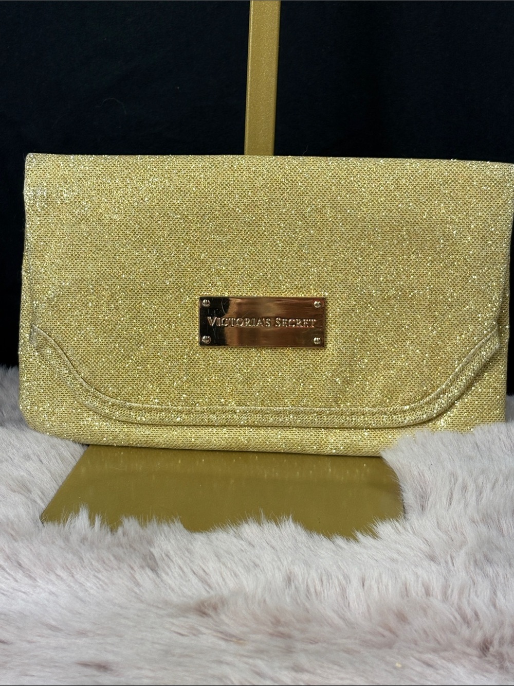 Victoria's Secret Gold Glitter Shimmer Evening Clutch Bag Metallic Logo Plaque